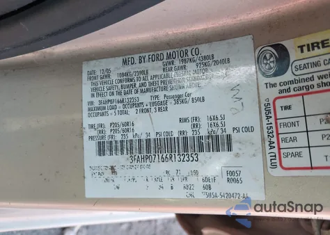 2006 Ford Fusion Se from USA, damaged, VIN 3FAHP07166R132353